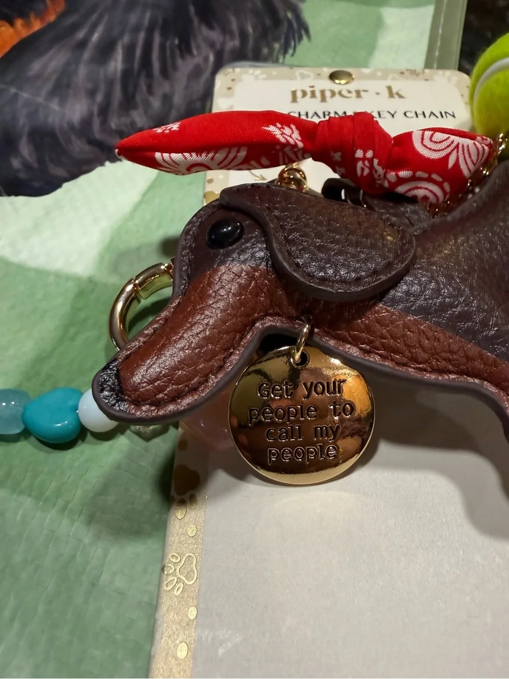 Piper Brown Leather Dachshund Bag Charm key with Red Bandana Accent Free Bag NEW